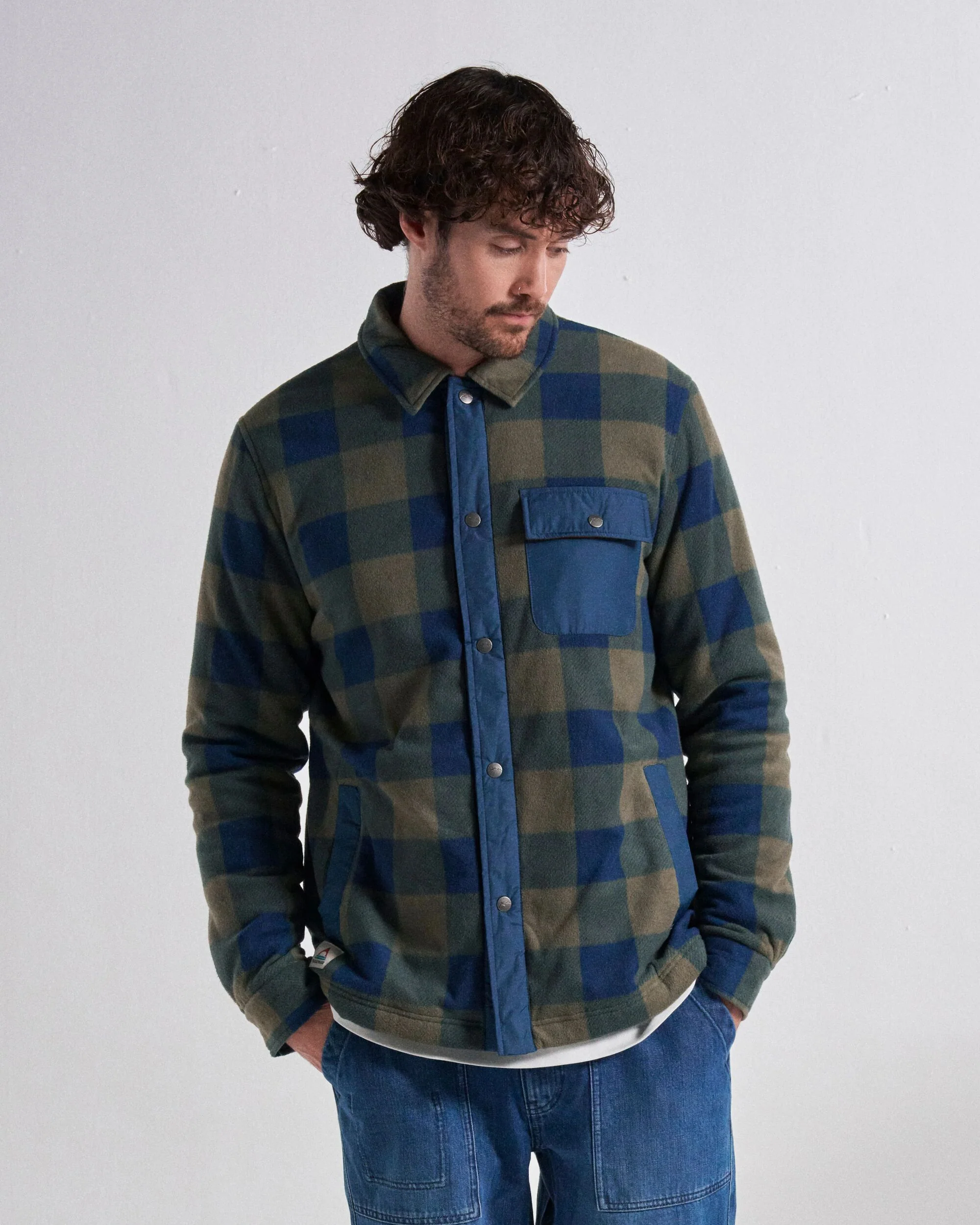 Firelight Sherpa Lined Overshirt - Dusty Olive/Dark Denim Check - Image 6