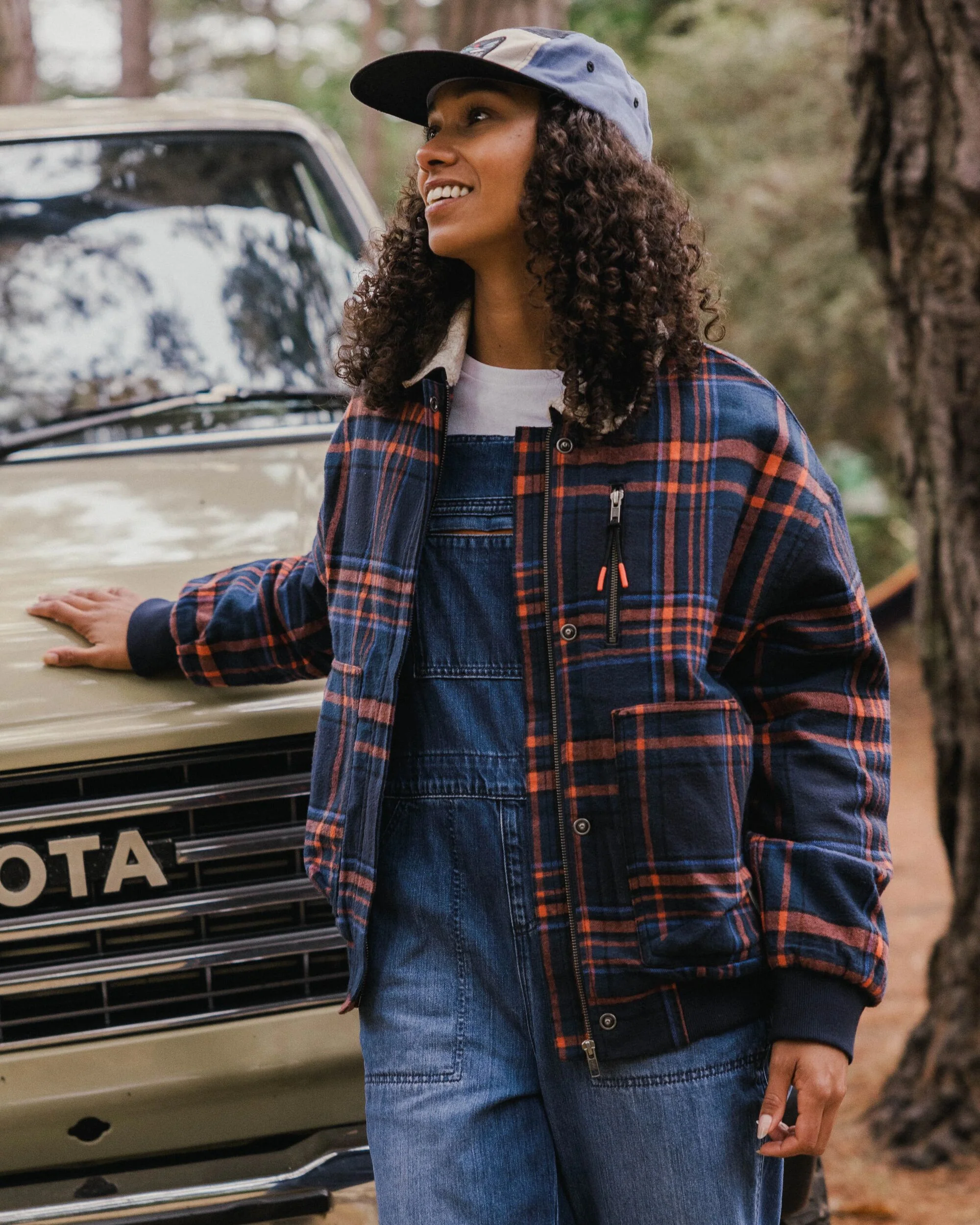 On The Go Insulated Bomber Jacket - Rich Navy/Ember Orange Check