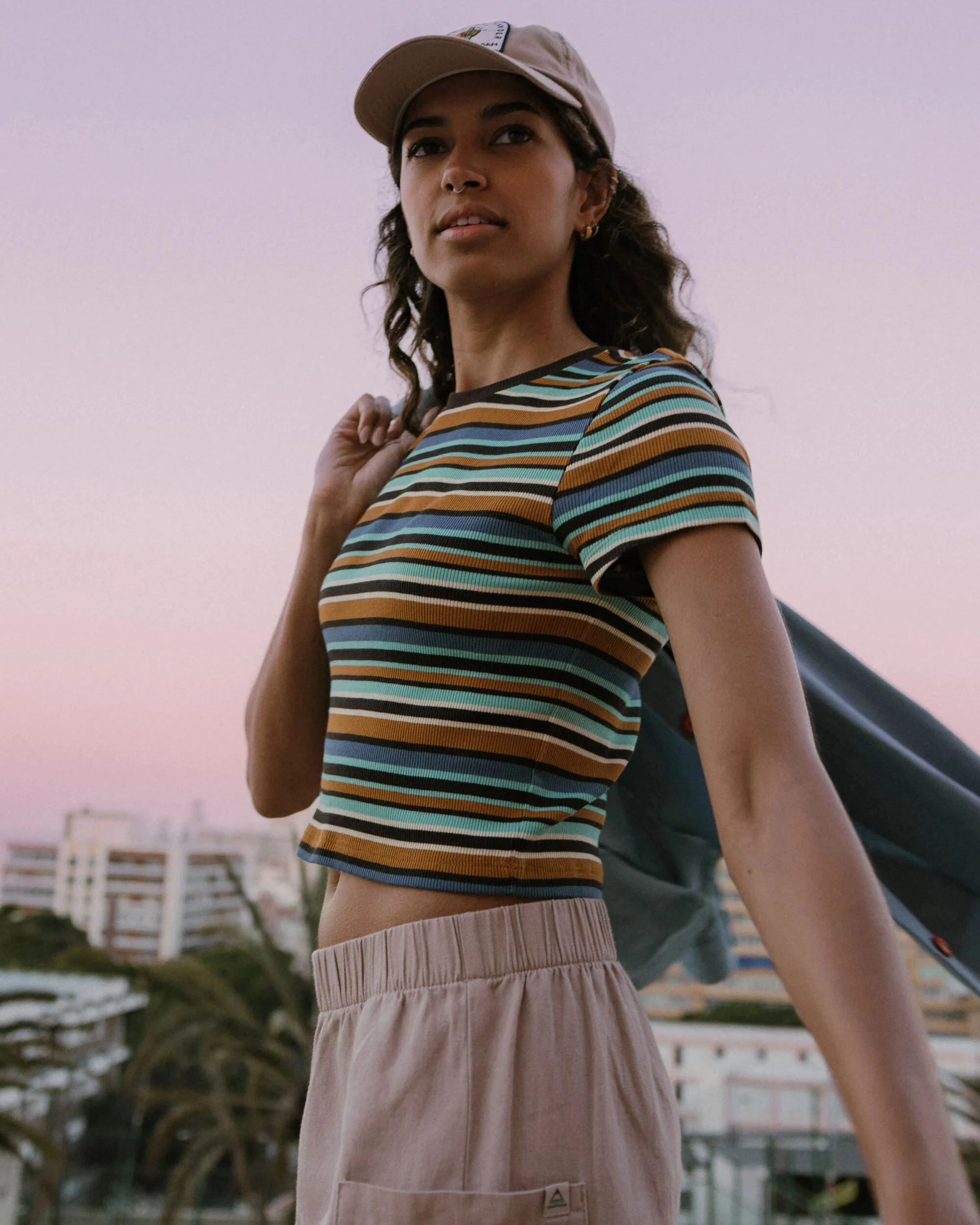 Out There Ribbed Cropped T-Shirt - Espresso Multi Stripe - Image 5